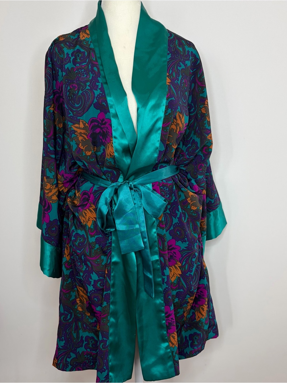 Victoria's Secret Floral Satin Robe with Teal Trim